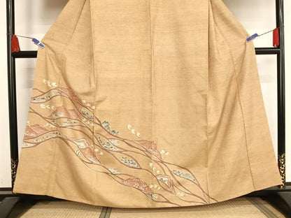 平和屋着物●訪問着 紬地 型染め 風景文 正絹 逸品 AABA5066np