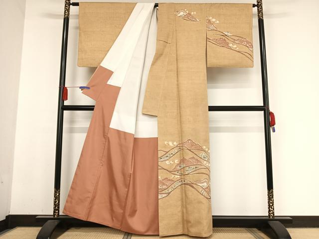 平和屋着物●訪問着 紬地 型染め 風景文 正絹 逸品 AABA5066np
