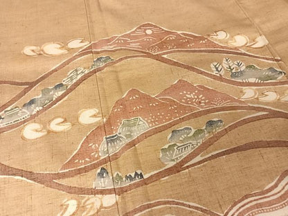 平和屋着物●訪問着 紬地 型染め 風景文 正絹 逸品 AABA5066np