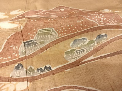 平和屋着物●訪問着 紬地 型染め 風景文 正絹 逸品 AABA5066np