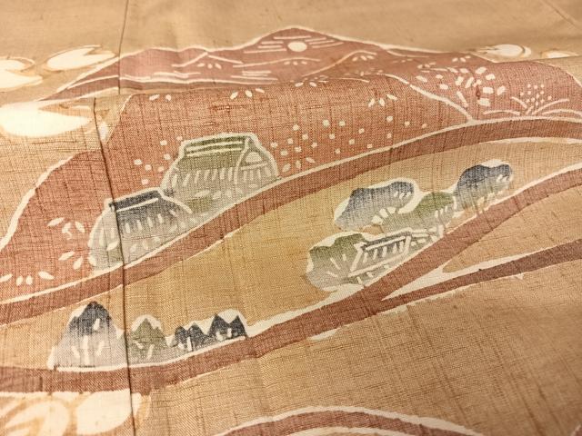 平和屋着物●訪問着 紬地 型染め 風景文 正絹 逸品 AABA5066np