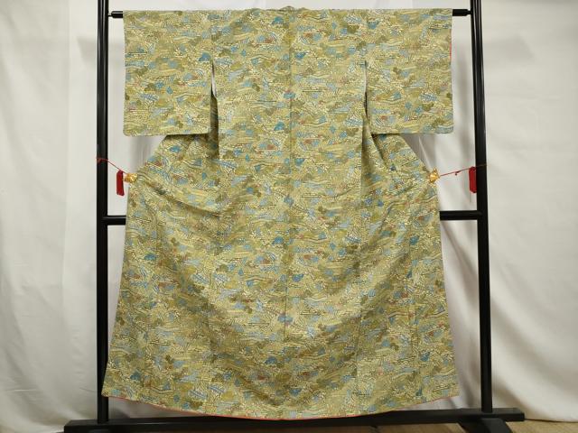 平和屋着物■上質な紬　型染め　風景文　正絹　逸品　AABA5107gw