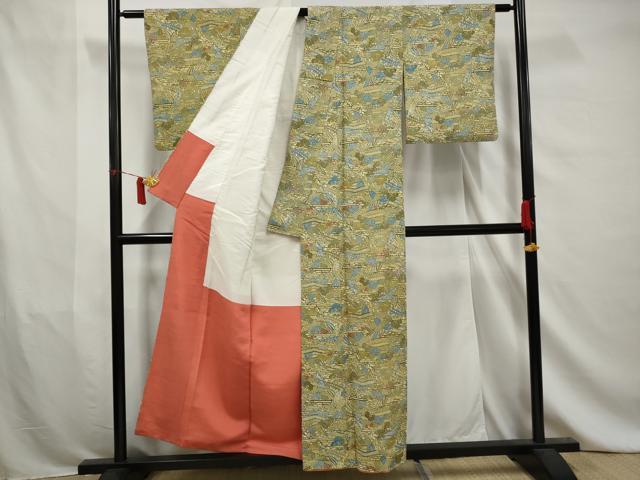 平和屋着物■上質な紬　型染め　風景文　正絹　逸品　AABA5107gw