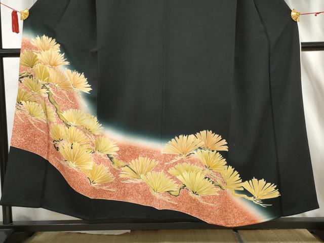 平和屋着物■豪華黒留袖　刺繍　枝松文　暈し染め　金彩　正絹　逸品　AABA5156gw