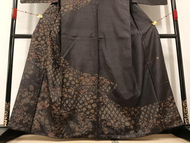 平和屋着物●訪問着　作家物　紬地　手描き　草花文　正絹　逸品　AABA5226ph