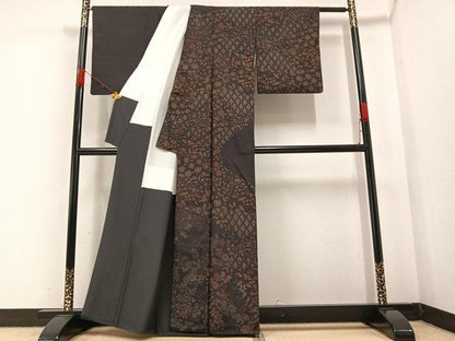 平和屋着物●訪問着　作家物　紬地　手描き　草花文　正絹　逸品　AABA5226ph