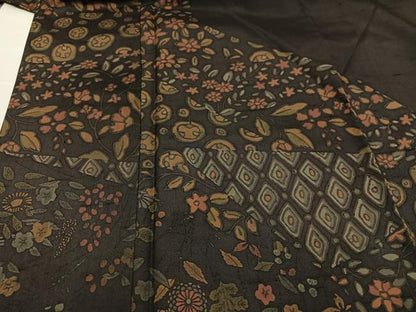 平和屋着物●訪問着　作家物　紬地　手描き　草花文　正絹　逸品　AABA5226ph