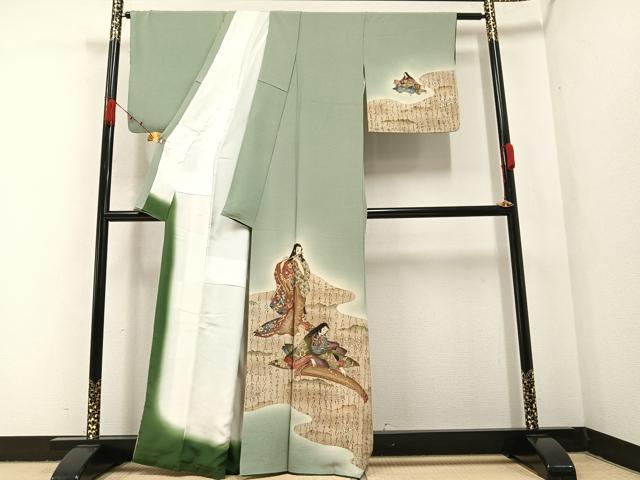平和屋着物●友禅師・京の名工・伝統工芸士・樽本伊勢蔵 訪問着 女人楽器 暈し染め 金銀彩 浜ちりめん 反端付き 正絹 逸品 AABA5230ph