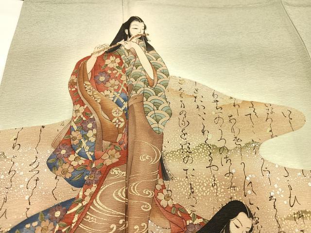 平和屋着物●友禅師・京の名工・伝統工芸士・樽本伊勢蔵 訪問着 女人楽器 暈し染め 金銀彩 浜ちりめん 反端付き 正絹 逸品 AABA5230ph