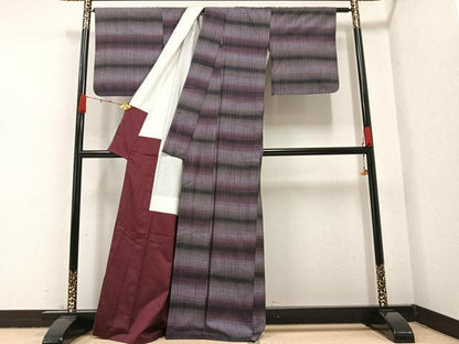 平和屋着物●上質な紬　横段文　正絹　逸品　AABA5251ph