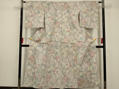 平和屋着物▽上質な紬 単衣 薔薇 正絹 逸品 AABA5452sx