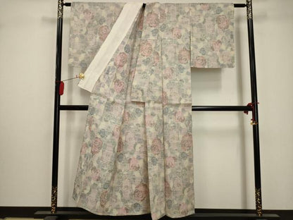 平和屋着物▽上質な紬 単衣 薔薇 正絹 逸品 AABA5452sx