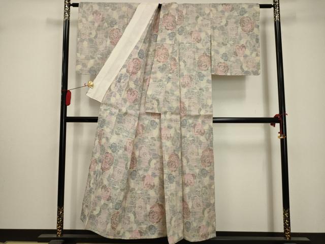 平和屋着物▽上質な紬 単衣 薔薇 正絹 逸品 AABA5452sx