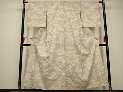 平和屋着物▽お召 単衣 風景文 正絹 逸品 AABA5454sx