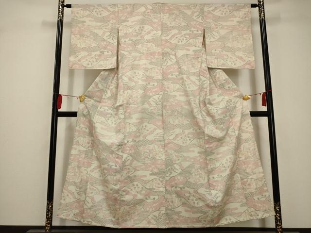 平和屋着物▽お召 単衣 風景文 正絹 逸品 AABA5454sx