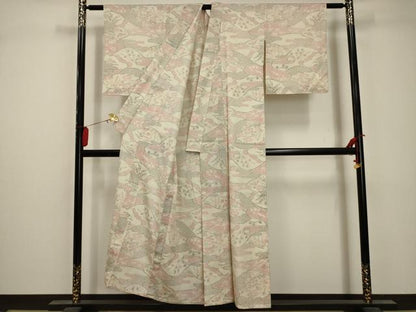 平和屋着物▽お召 単衣 風景文 正絹 逸品 AABA5454sx