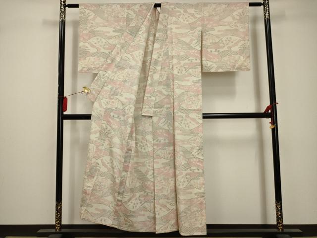 平和屋着物▽お召 単衣 風景文 正絹 逸品 AABA5454sx