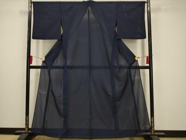 平和屋着物＊夏物 色無地 縦絽 笹竹紋紗 濃藍色 正絹 逸品 AABA5516sx