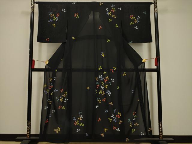 平和屋着物＊夏物 訪問着 絽 舞花文 黒地 正絹 逸品 AABA5543sx