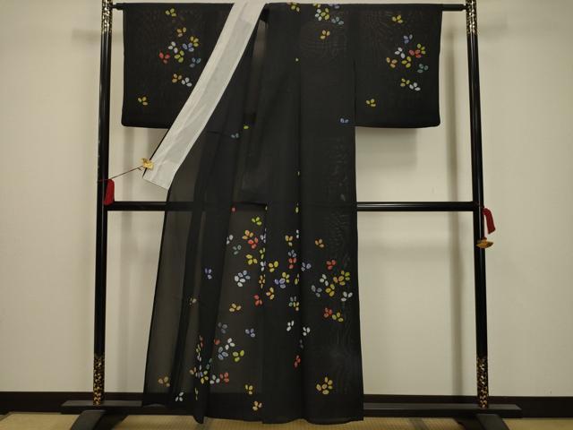 平和屋着物＊夏物 訪問着 絽 舞花文 黒地 正絹 逸品 AABA5543sx
