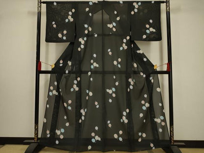 平和屋着物＊夏物 小紋 絽 団扇 黒地 洗える着物 AABA5572sx