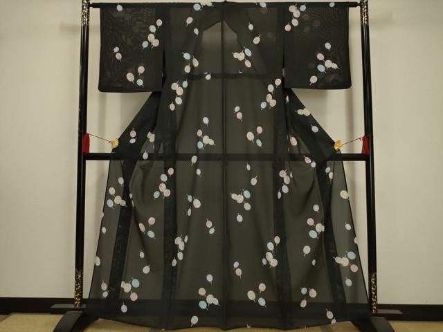 平和屋着物＊夏物 小紋 絽 団扇 黒地 洗える着物 AABA5572sx