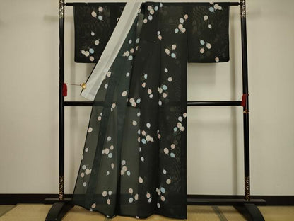 平和屋着物＊夏物 小紋 絽 団扇 黒地 洗える着物 AABA5572sx
