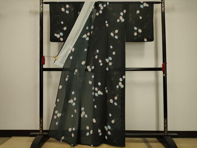 平和屋着物＊夏物 小紋 絽 団扇 黒地 洗える着物 AABA5572sx