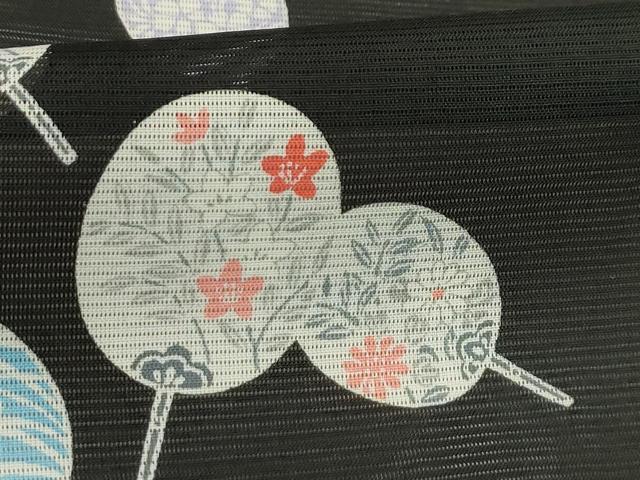 平和屋着物＊夏物 小紋 絽 団扇 黒地 洗える着物 AABA5572sx