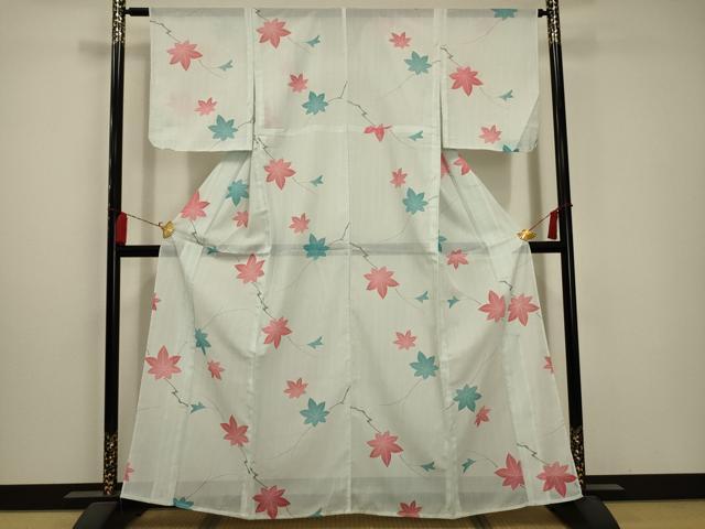 平和屋着物＊夏物 小紋 絽 立波枝葉文 洗える着物 AABA5617sx