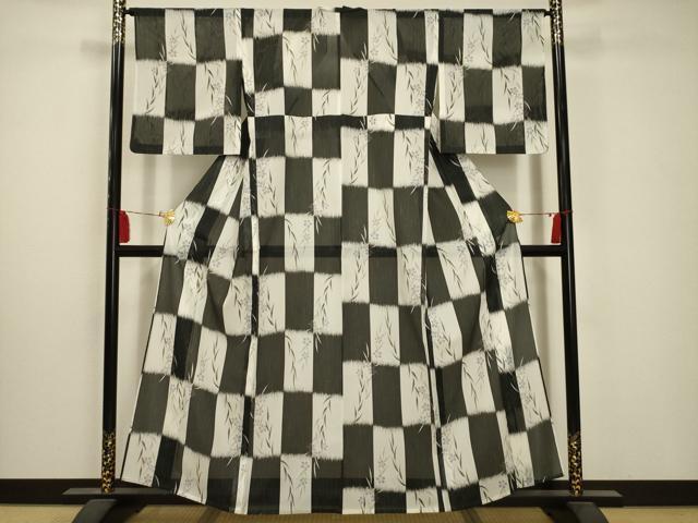 平和屋着物＊夏物 小紋 絽 市松草花文 洗える着物 AABA5622sx