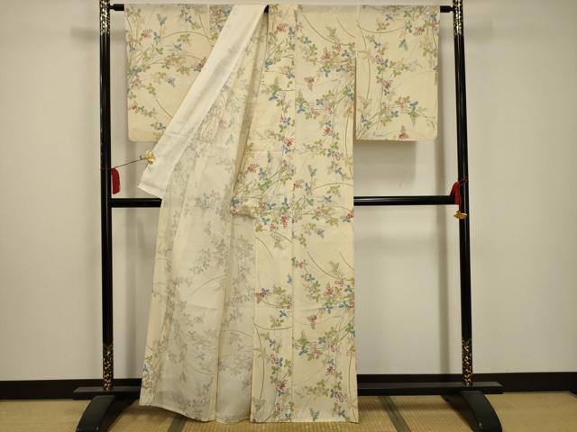 平和屋着物＊夏物 小紋 絽 流水草花文 洗える着物 AABA5623sx