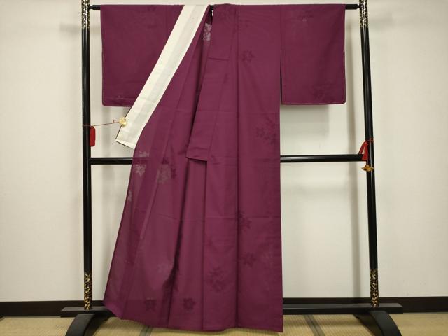 平和屋着物＊夏物　色無地　縦絽　枝葉紋紗　中紅色　洗える着物　AABA5639sx