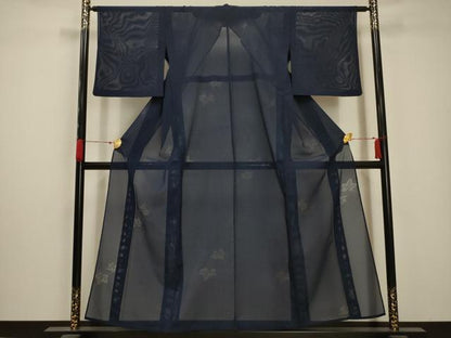 平和屋着物＊夏物 色無地 縦絽 蔦の葉紋紗 濃藍色 洗える着物 AABA5699sx