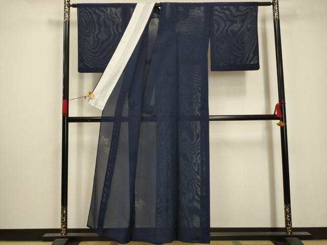 平和屋着物＊夏物 色無地 縦絽 蔦の葉紋紗 濃藍色 洗える着物 AABA5699sx