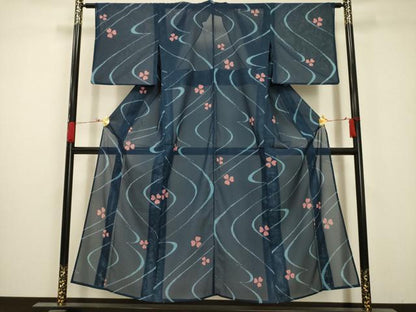 平和屋着物＊夏物 小紋 絽 流水花文 洗える着物 AABA5739sx