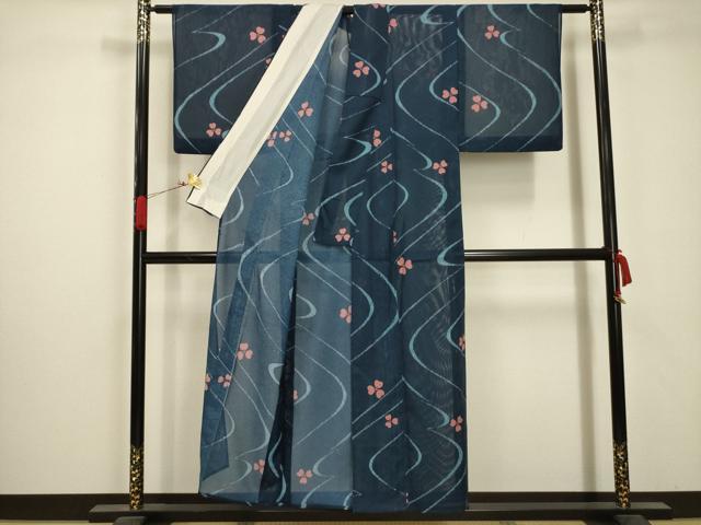 平和屋着物＊夏物 小紋 絽 流水花文 洗える着物 AABA5739sx