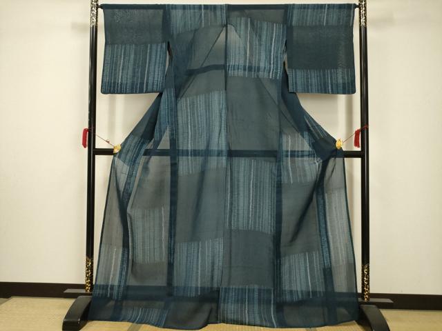 平和屋着物＊夏物 紗紬 藍 絞り 市松文様 正絹 逸品 AABA5766sx