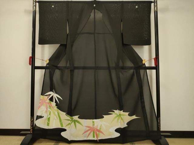 平和屋着物＊夏物 黒留袖 絽 駒刺繍 流水笹竹文 銀糸 銀彩 正絹 逸品 AABA5769sx