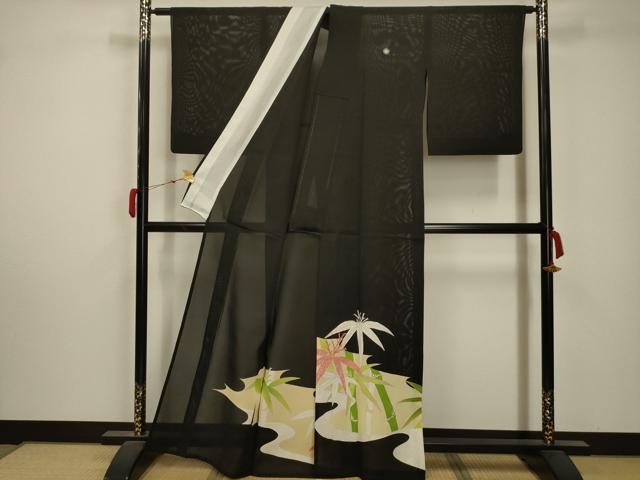 平和屋着物＊夏物 黒留袖 絽 駒刺繍 流水笹竹文 銀糸 銀彩 正絹 逸品 AABA5769sx