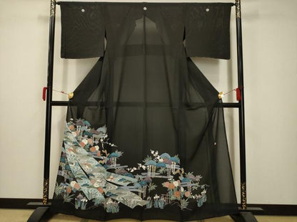 平和屋着物＊夏物　黒留袖　絽　作家物　流水鴛鴦花文　金彩　正絹　逸品　AABA5770sx