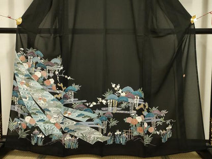 平和屋着物＊夏物　黒留袖　絽　作家物　流水鴛鴦花文　金彩　正絹　逸品　AABA5770sx
