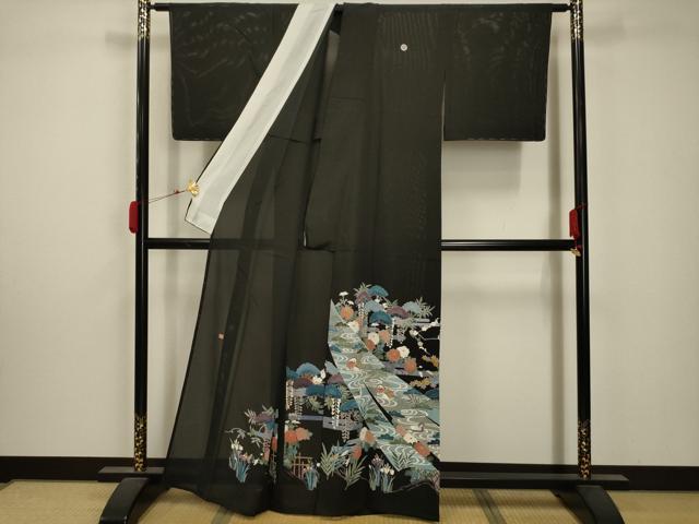 平和屋着物＊夏物　黒留袖　絽　作家物　流水鴛鴦花文　金彩　正絹　逸品　AABA5770sx