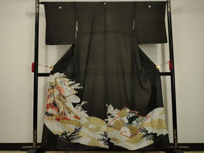 平和屋着物＊夏物 アンティーク 大正ロマン 黒留袖 絽 刺繍 立波鳳凰花文 金糸 金銀彩 正絹 逸品 AABA5771sx