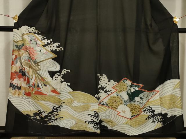 平和屋着物＊夏物 アンティーク 大正ロマン 黒留袖 絽 刺繍 立波鳳凰花文 金糸 金銀彩 正絹 逸品 AABA5771sx