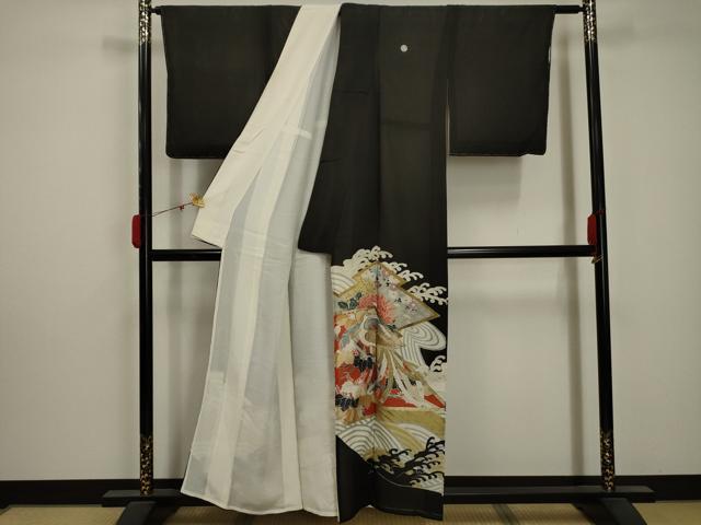 平和屋着物＊夏物 アンティーク 大正ロマン 黒留袖 絽 刺繍 立波鳳凰花文 金糸 金銀彩 正絹 逸品 AABA5771sx