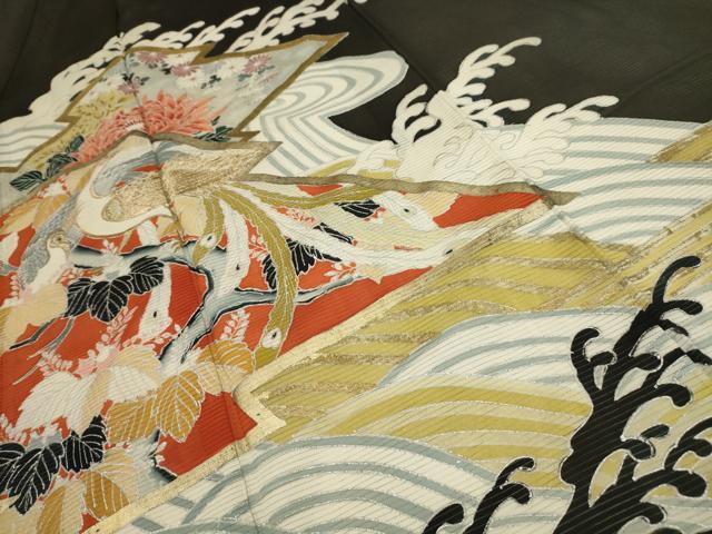 平和屋着物＊夏物 アンティーク 大正ロマン 黒留袖 絽 刺繍 立波鳳凰花文 金糸 金銀彩 正絹 逸品 AABA5771sx