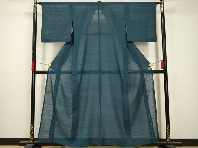 平和屋着物＊夏物 色無地 絽 横段紋紗 藍色 正絹 逸品 AABA5792sx