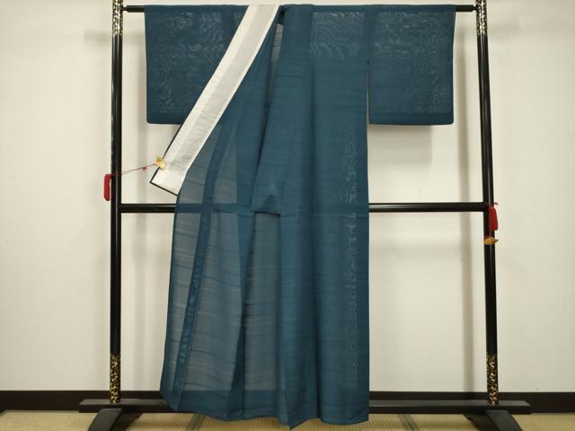平和屋着物＊夏物 色無地 絽 横段紋紗 藍色 正絹 逸品 AABA5792sx