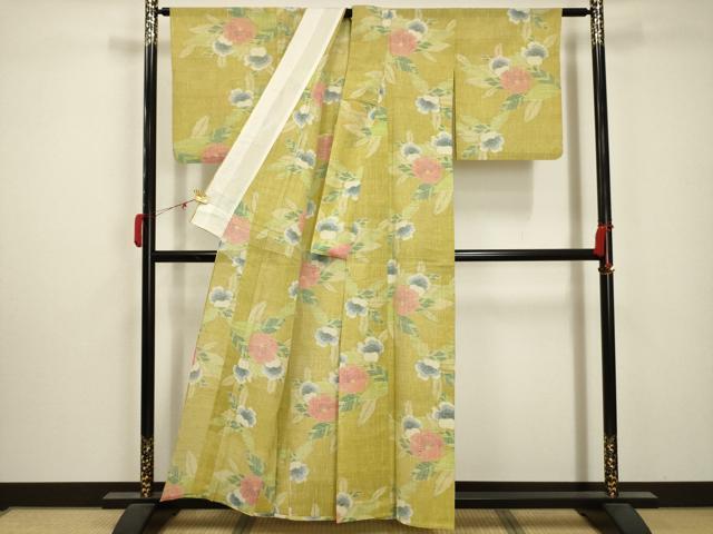 平和屋着物＊夏物 小千谷紬 草花文 正絹 逸品 AABA5799sx